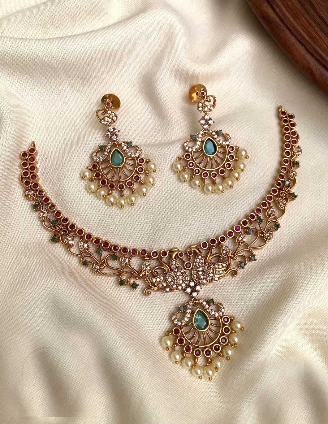 Multicolor Stone Peacock Sleek American diamond cz temple Necklace set