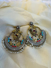 Load image into Gallery viewer, German silver Peacock multicolor Beads Pearl Chandbali statement Earrings
