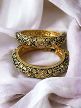 Load image into Gallery viewer, 22k gold plated Tayani Blue enamel Flower Pair of Bangles
