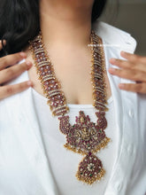 Load image into Gallery viewer, Lakshmi ji long Guttapusalu Pearls multicolor Real Kemp Stone Haram Temple Necklace set Jewelry
