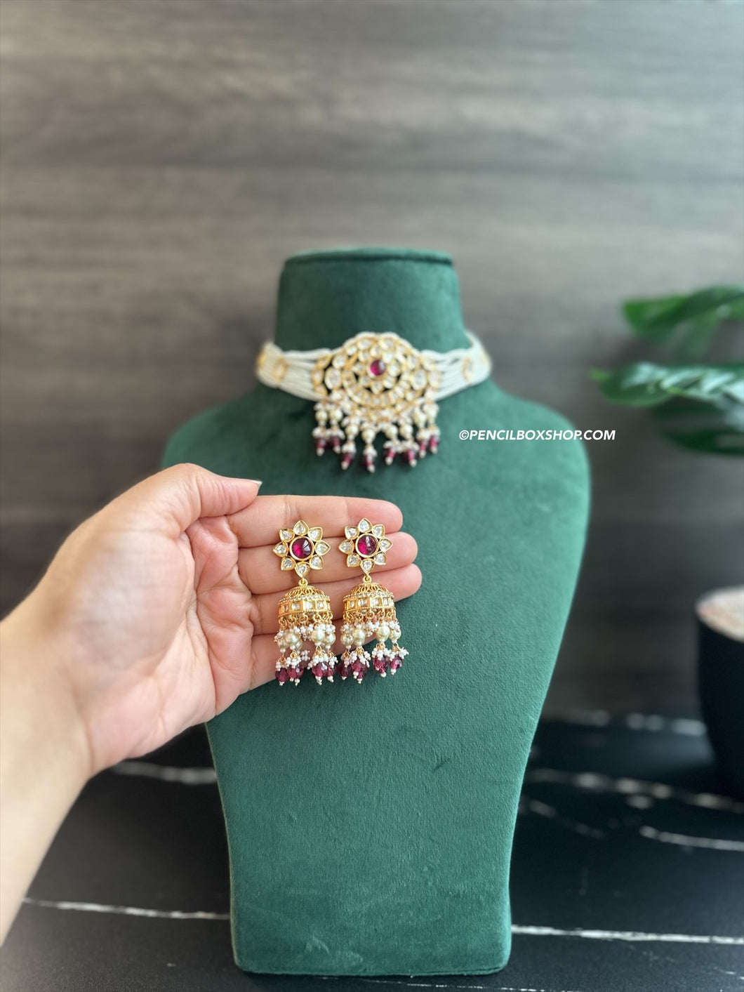 Tayani Ruby White Pearl Choker necklace set