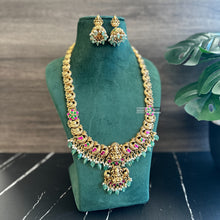 Load image into Gallery viewer, Lakshmi ji Pachi Kundan Double pendant long haram necklace set
