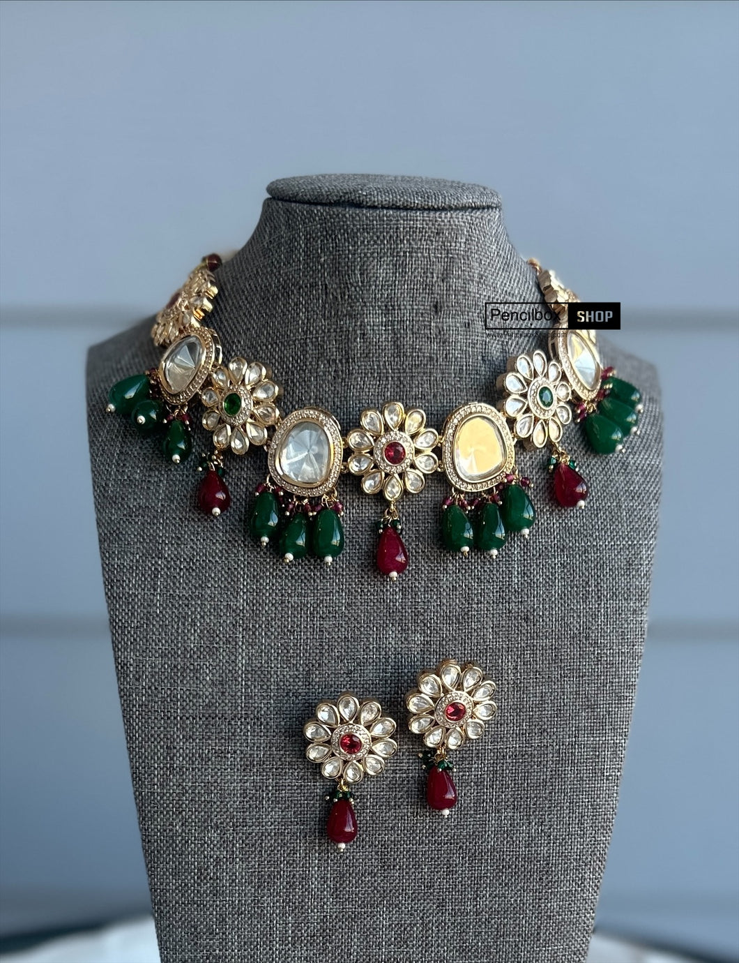 Ruby green Dainty Uncut Kundan American Diamond Necklace set