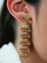 Load image into Gallery viewer, Long five layered polki jhumki pink Earrings
