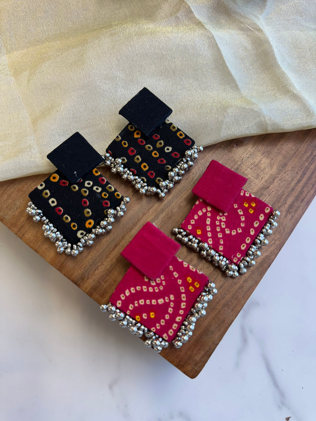 Bandhani Printed Fabric Oxidised Handmade earrings