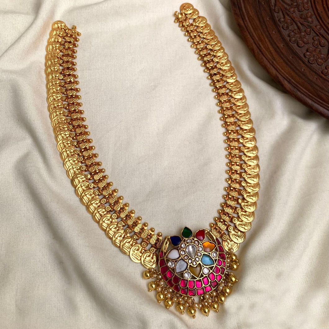 Premium Navratna Pachi kundan Coin Long Haram Necklace Temple