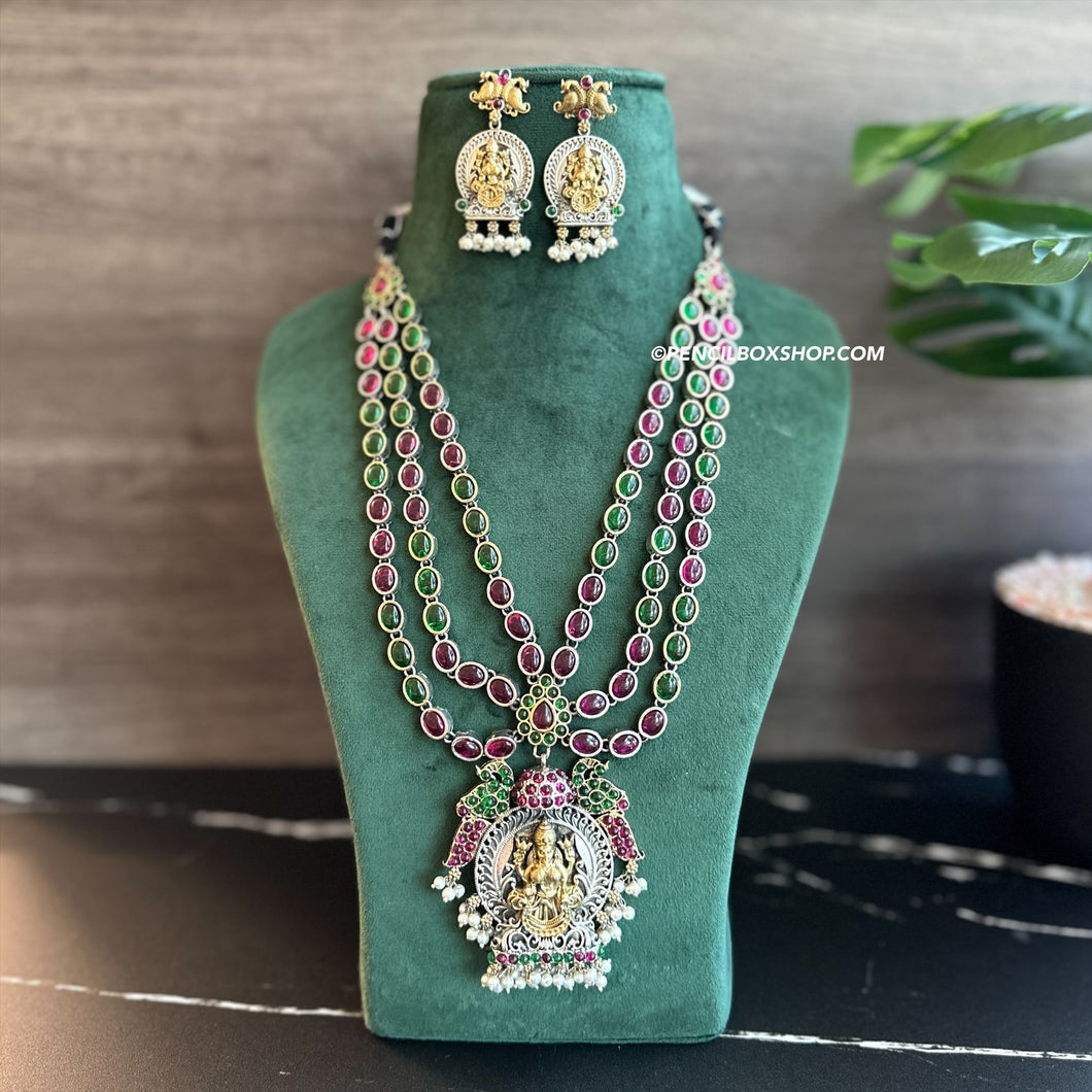 German Silver Lakshmi ji ruby green layered Statement Necklace set