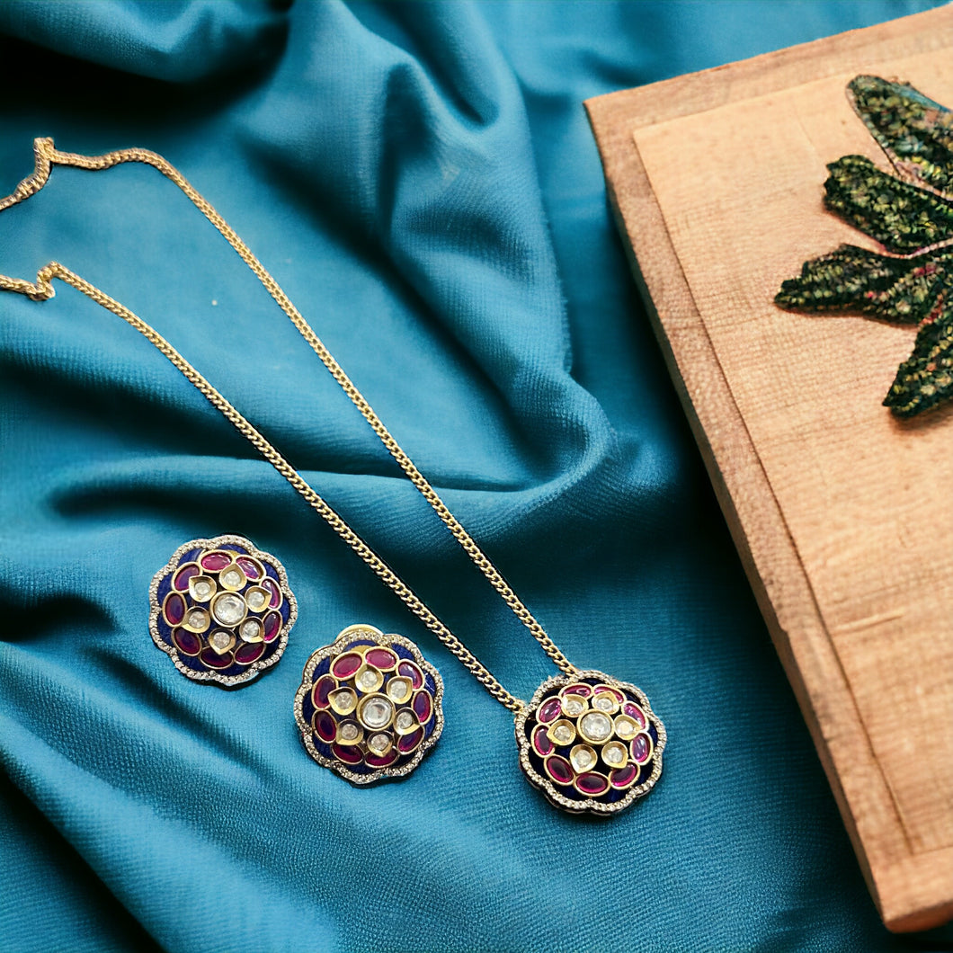 Moissanite Kundan Multicolor Flower Pendant set