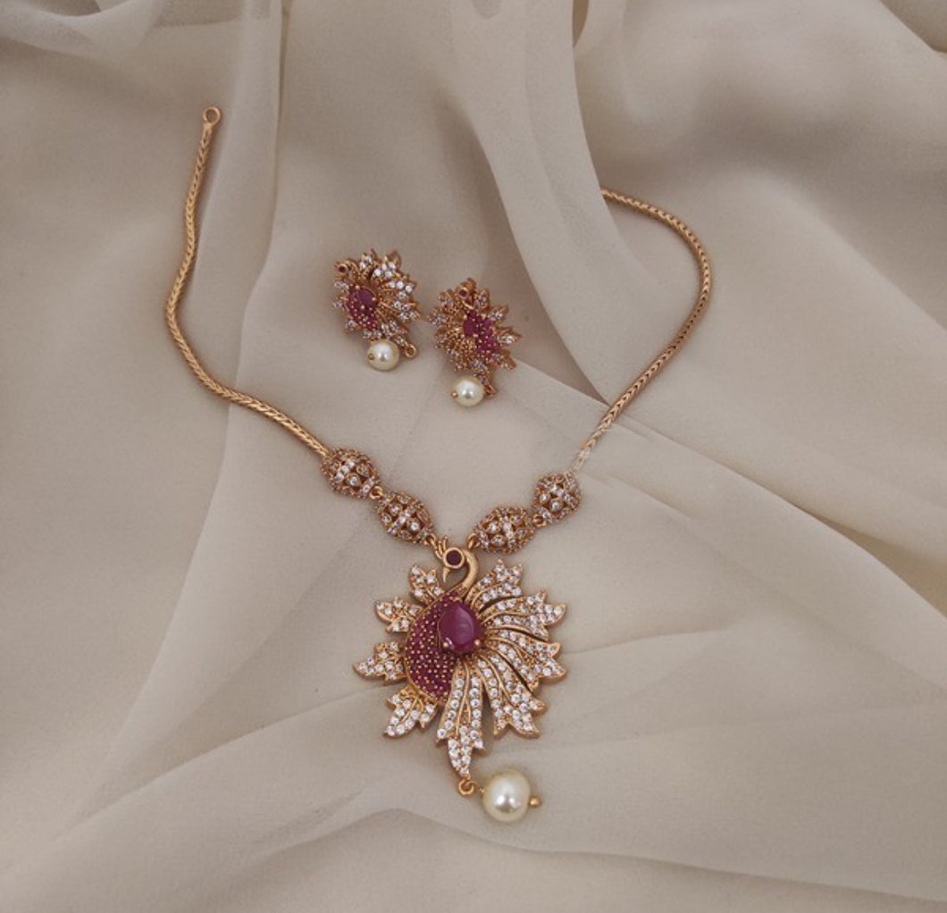 Ruby Simple cz stone peacock Dainty Necklace set