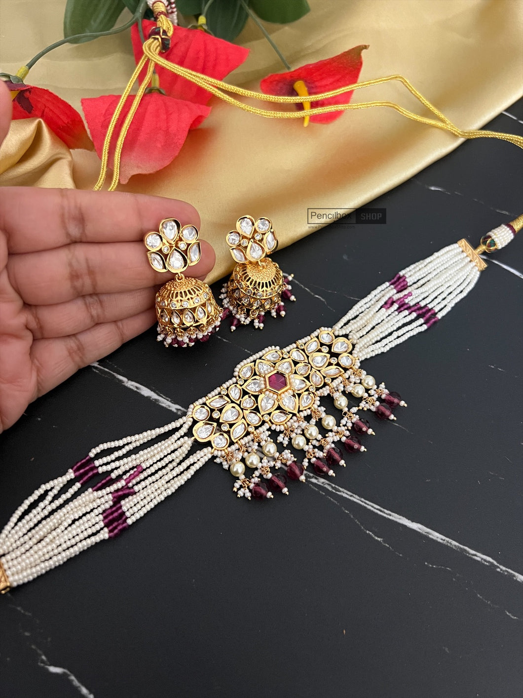 Ruby Gold plated Dainty Choker Tayani Premium Statement Necklace set