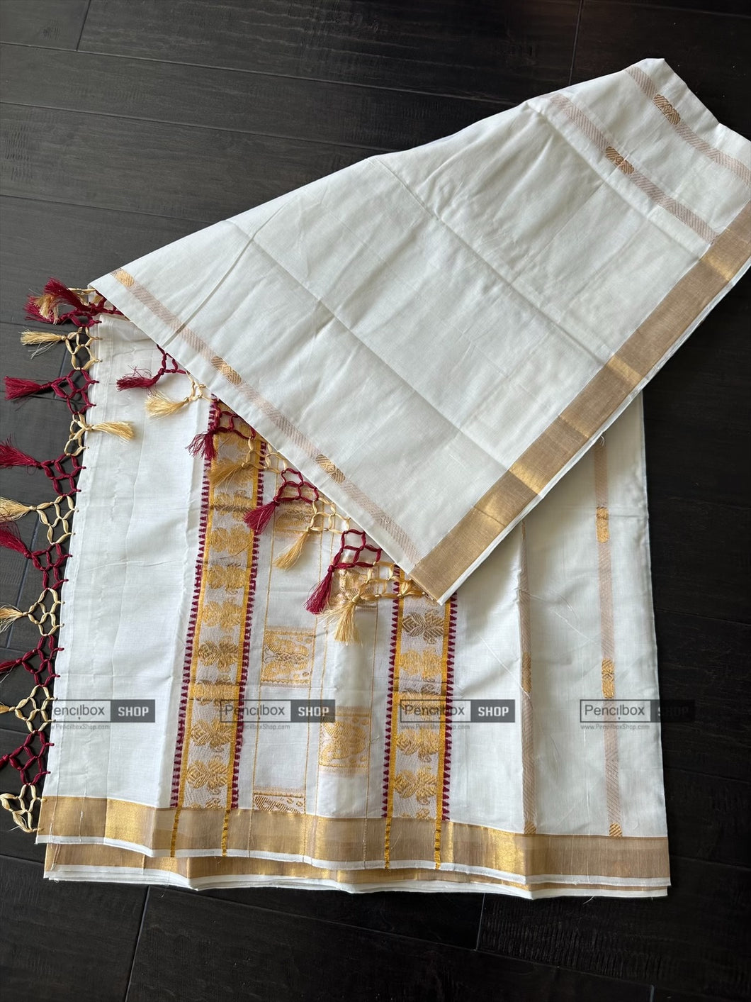 Onam Special Ivory Golden Red Cotton Kerala saree