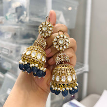 Load image into Gallery viewer, Moissanite Cz Blue Kundan Jhumka Earrings
