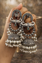Load image into Gallery viewer, German silver lookalike Elephant Long Pearl Jhumka earrings
