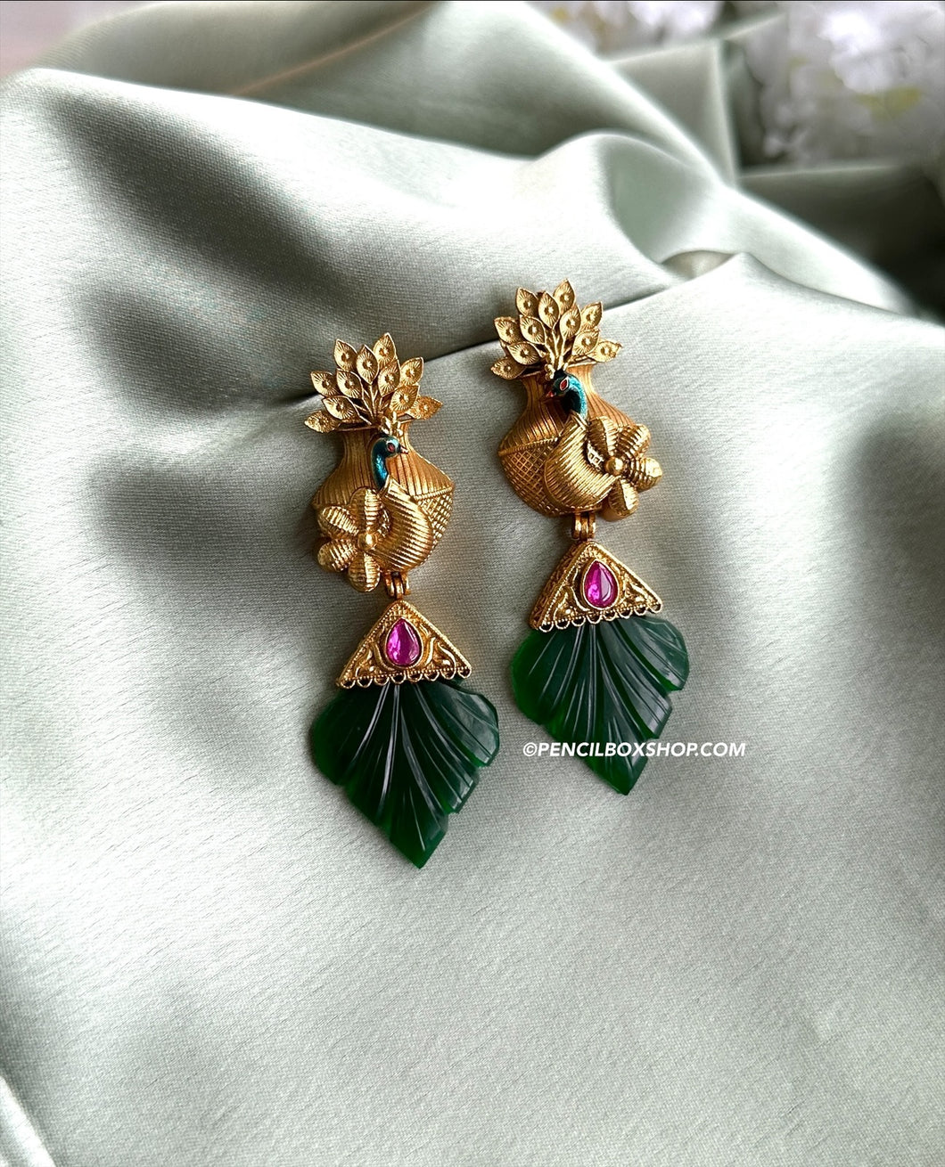 Peacock Amrapali Carved Stone Multicolor ethnic Gold Finish earrings