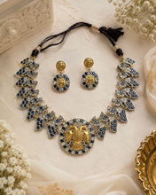 Load image into Gallery viewer, Blue white German silver Stone Dual Tone Peacock Statement necklace set
