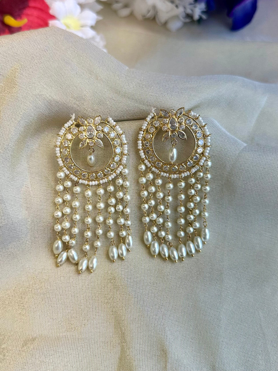 14k Gold plated Pearl Tassel Chandbali Jhumka earrings