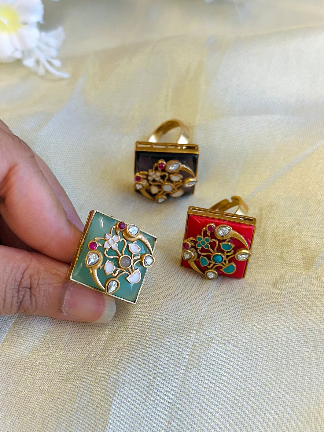 Inlay Work Square Moissanite Brass Adjustable Ring