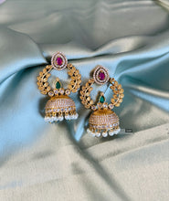 Load image into Gallery viewer, Multicolor Leaf Temple Gold Finish Stone Glass Stone jhumka cz earrings
