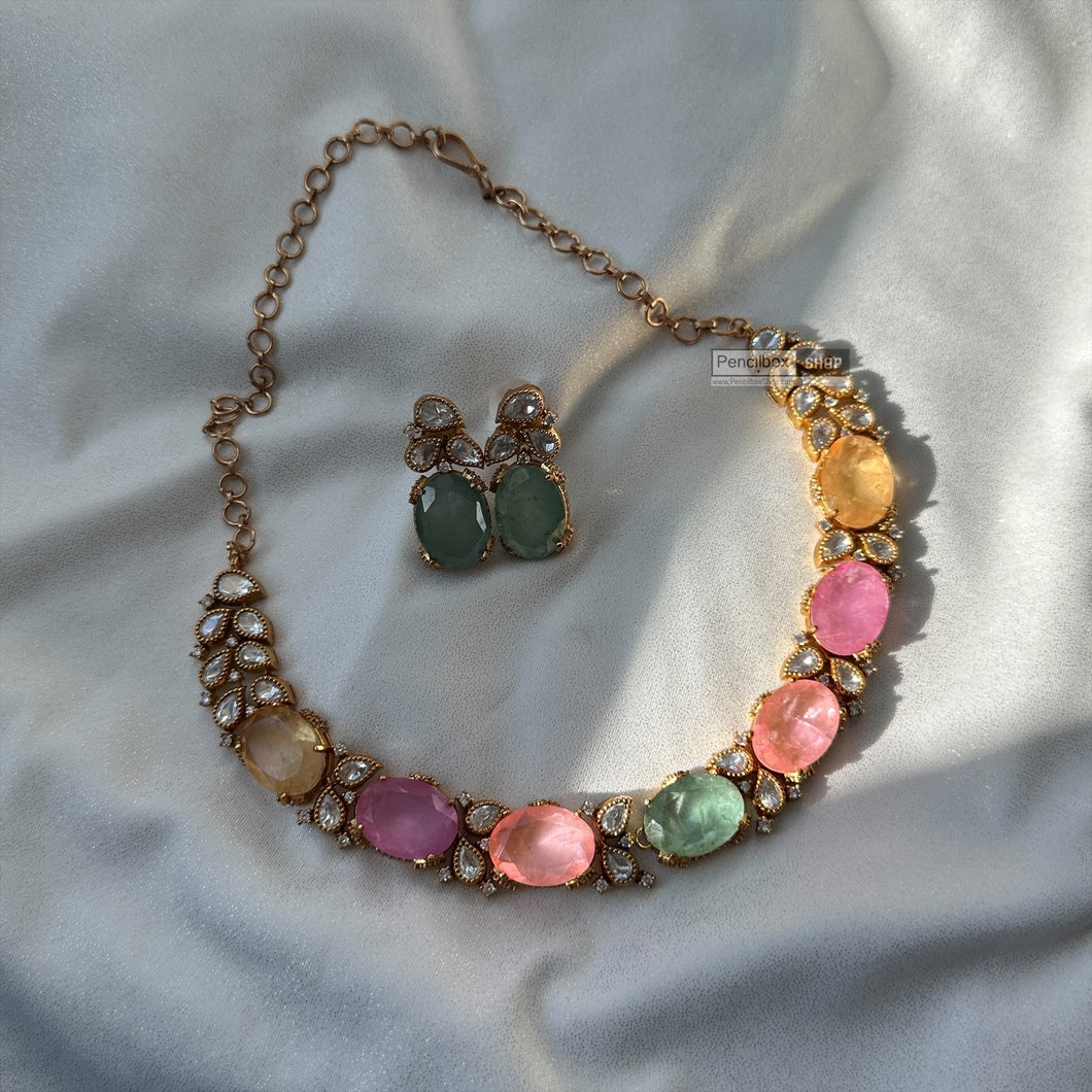 Premium Golden Doublet Pastel Multicolor Moissanite Necklace set