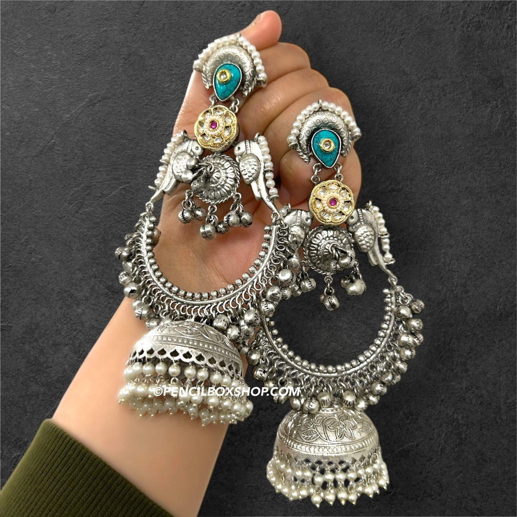 Turquoise Silver 92.5 German silver Fusion Jhumka Statement Big Earrings