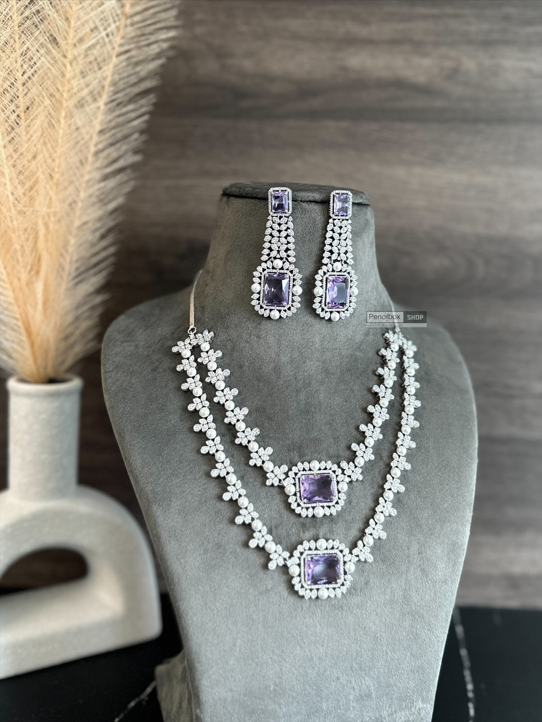 Naina Double layered Purple Silver finish American Diamond Necklace set