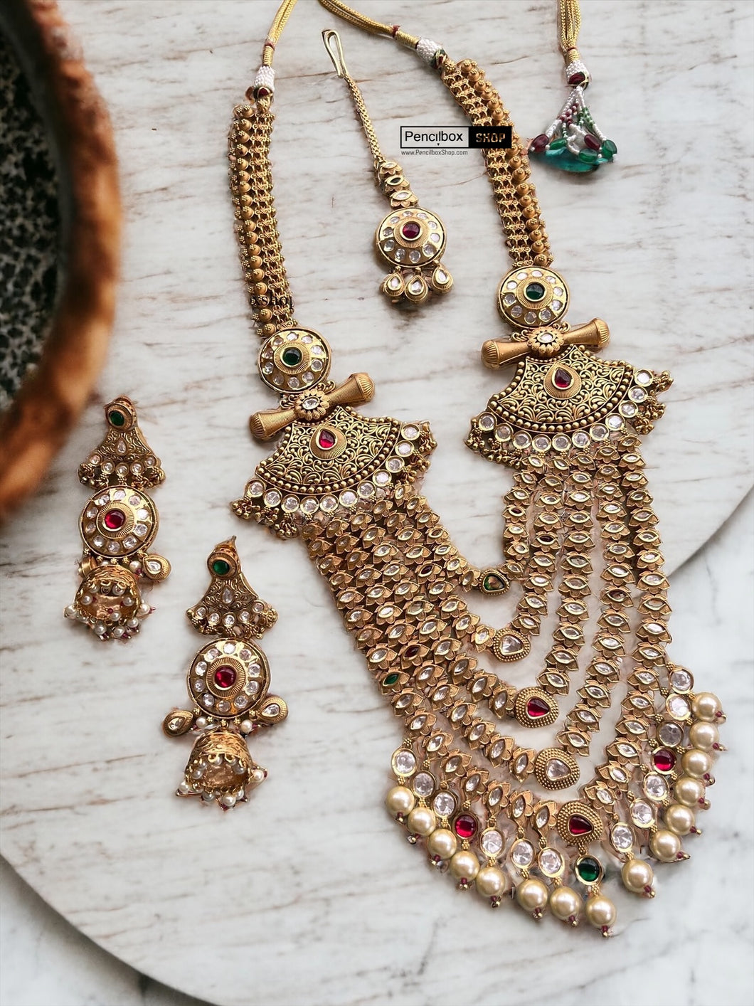 Bridal Designer Multicolor 22k gold plated Maharani Gold Tayani Premium Necklace Haram set with Maangtikka