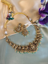 Load image into Gallery viewer, Lakshmi ji peacock Kemp stone Mint Golden Beads Necklace set
