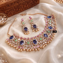 Load image into Gallery viewer, Designer MM Colored Polki Stone American Diamond Cz Floral Necklace set
