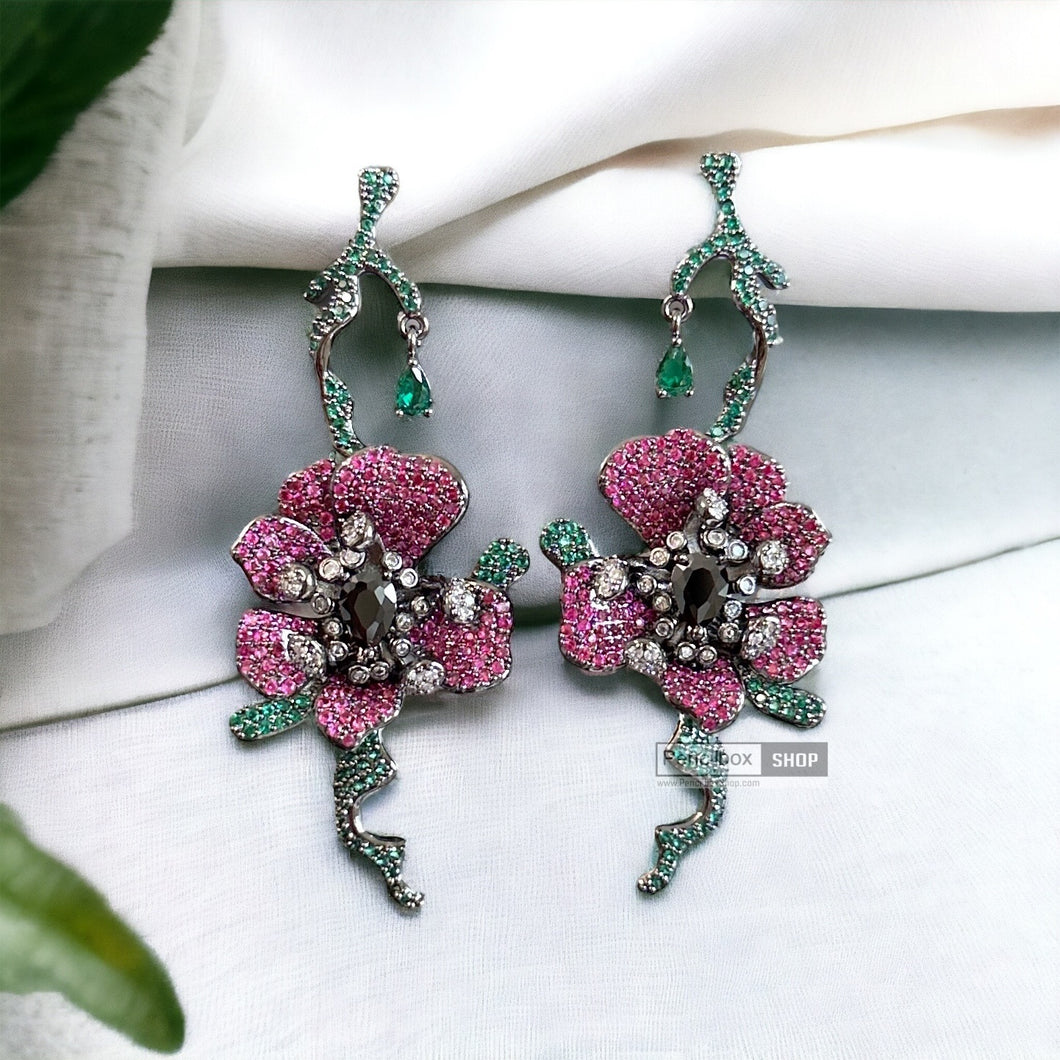 Green Pink Flower stem invisible American diamond dangling earrings