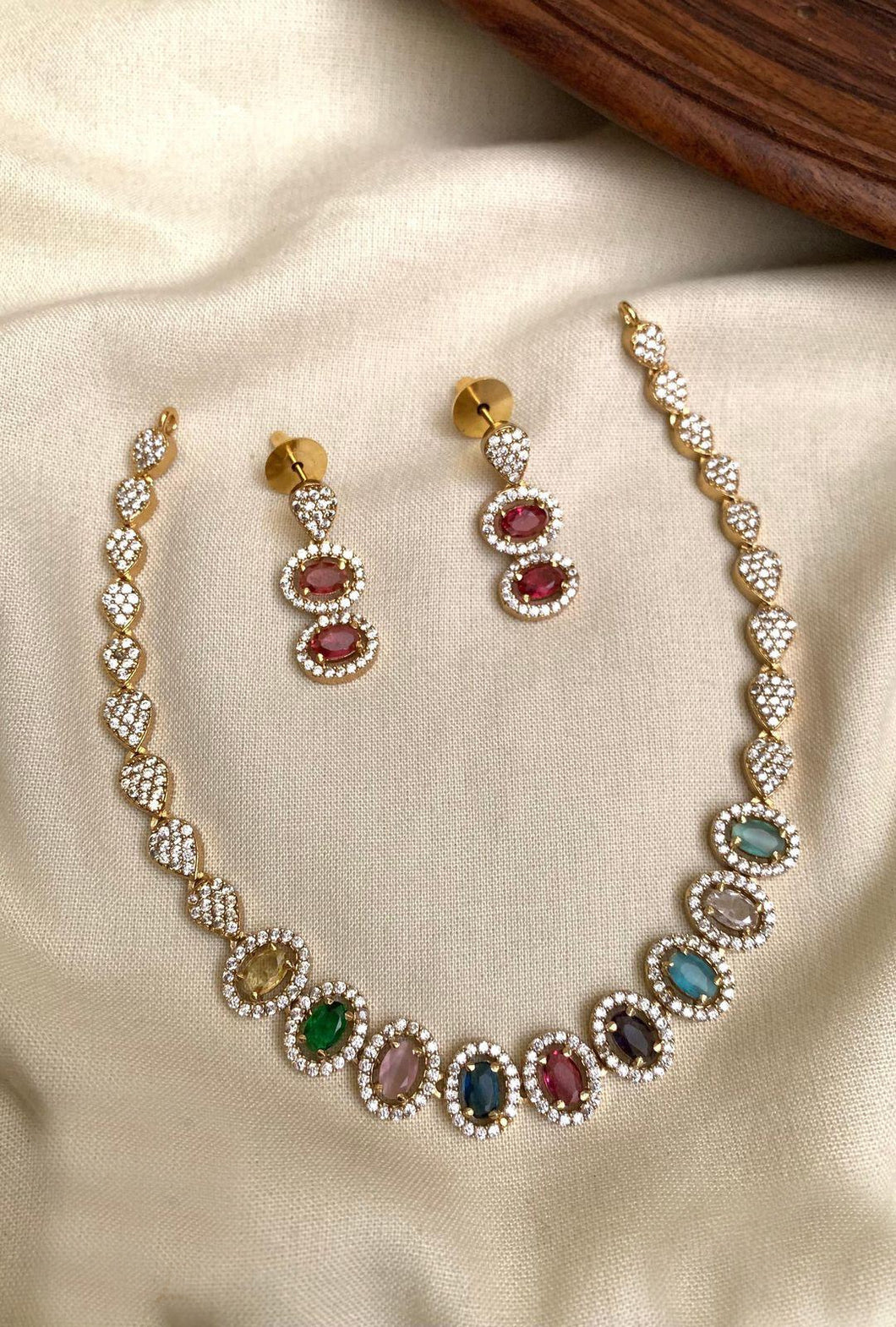 Multicolor American Diamond dainty necklace set