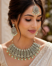 Load image into Gallery viewer, Mint Pearl Mirror Statement Piece Necklace set with Maangtikka
