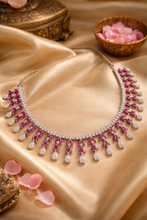 Load image into Gallery viewer, Hot Pink Silver dainty American Diamond Necklace set
