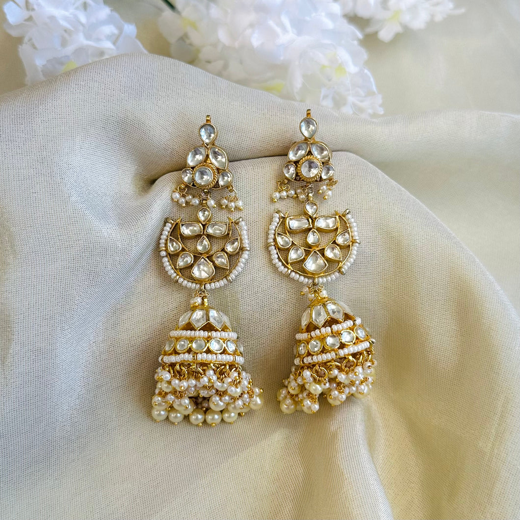 Pachi Kundan Brass White Jhumka Statement Designer Earrings