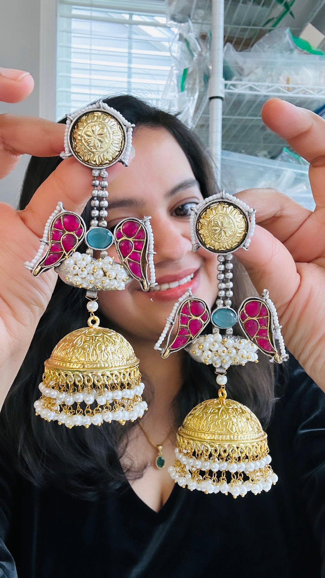 Anaya German Silver Golden antique pearl Ruby Jumbo jhumkas earrings