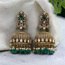 Load image into Gallery viewer, Green Moissanite Peacock antique golden Jhumki earrings
