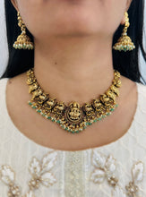 Load image into Gallery viewer, Lakshmi ji peacock Kemp stone Mint Golden Beads Necklace set
