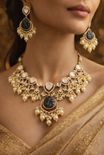 Load image into Gallery viewer, 22k gold plated Green Carved Stone Drop Tayani Necklace set
