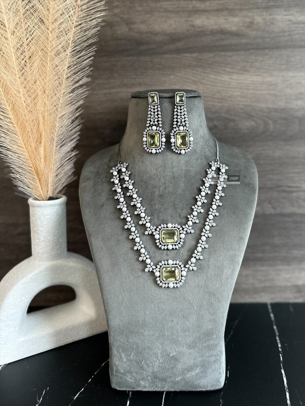 Naina Double layered Pearl premium Victorian American Diamond Necklace set