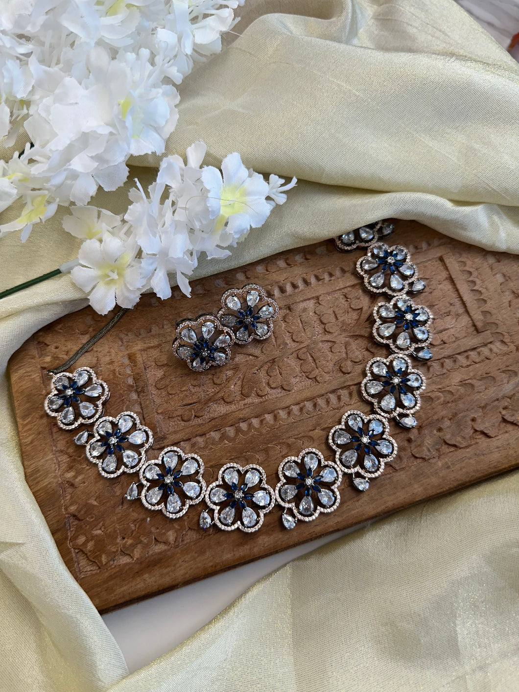 Anaya Flower Victorian Royal Blue American Diamond Necklace set