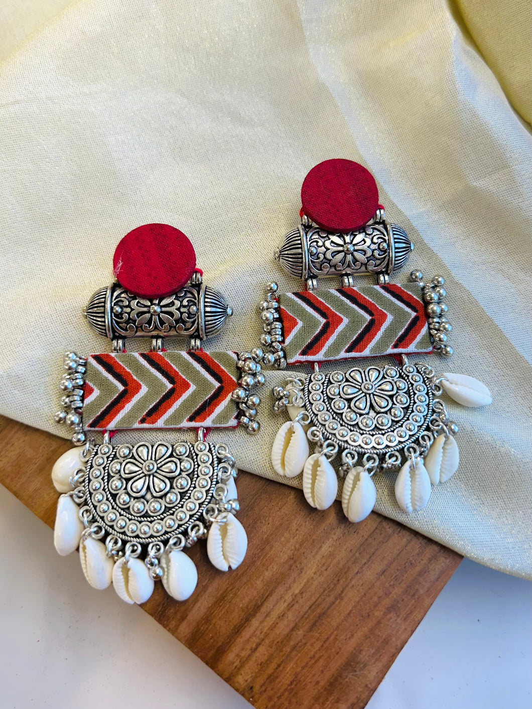 Red Printed Long Shell Fabric Oxidised Handmade earrings