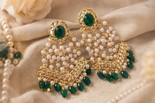 Load image into Gallery viewer, 14k Gold plated Green White Pearl Temple earrings
