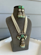 Load image into Gallery viewer, Mint Peacock moissanite Long Pearl Designer Necklace set
