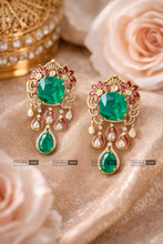 Load image into Gallery viewer, Green Ruby Doublet Premium Tayani 22k Gold Plated Dangling Earrings
