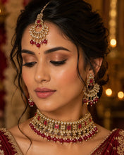 Load image into Gallery viewer, Ruby Polki Kundan Golden Pearl Choker Necklace set with Maangtikka
