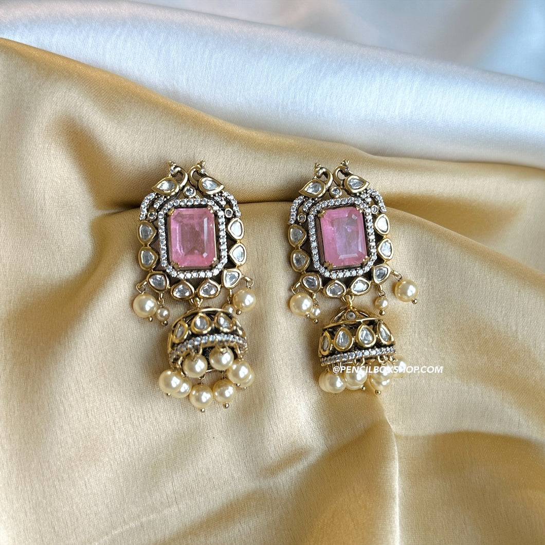 Tayani Premium gold plated Pink Doublet Jhumki Earrings