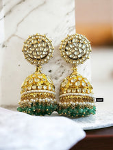 Load image into Gallery viewer, Mor Pachi Kundan Brass White Green Jhumka Statement Designer Earrings

