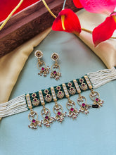 Load image into Gallery viewer, Multicolor cz kundan Ruby green tassel premium choker necklace set
