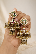 Load image into Gallery viewer, Moissanite Three jhumka antique Golden earrings
