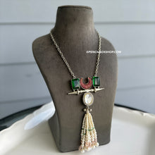 Load image into Gallery viewer, Kundan Green Natural Stone Afghani German Silver Long Pendant necklace
