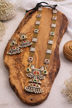 Load image into Gallery viewer, Long Dual tone German silver Pachi kundan Peacock Long Necklace set
